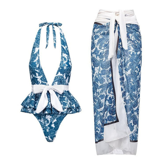 Swimsuits Woman One Piece Backless Women Luxury Bikini Skirt Cover Up Summer Deep V Print Swimwear Beachwear Dress