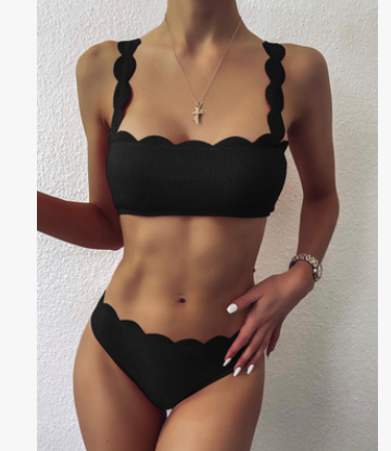 Swimsuits Scalloped Edge Swimwear Women Black Bandeau Bathing Suit Women Solid Biquini Beach Wear